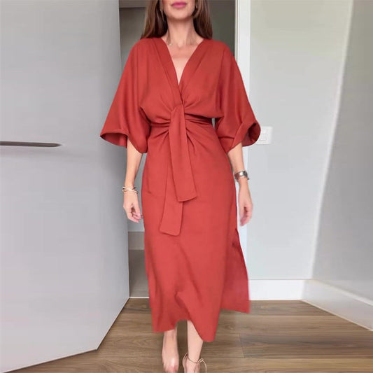 🌸50% Rabatt🔥Elegantes Damenkleid mit Taillenschnürung und seitlichem Schlitz und V-Ausschnitt