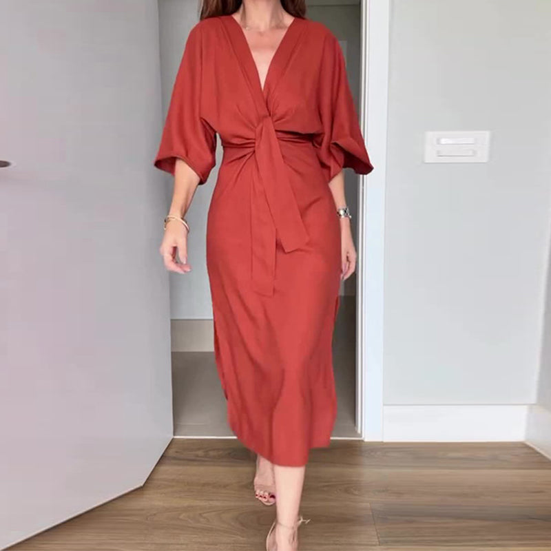 🌸50% Rabatt🔥Elegantes Damenkleid mit Taillenschnürung und seitlichem Schlitz und V-Ausschnitt