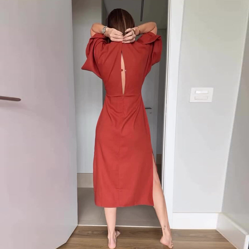 🌸50% Rabatt🔥Elegantes Damenkleid mit Taillenschnürung und seitlichem Schlitz und V-Ausschnitt