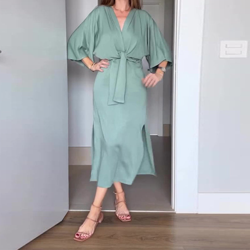 🌸50% Rabatt🔥Elegantes Damenkleid mit Taillenschnürung und seitlichem Schlitz und V-Ausschnitt