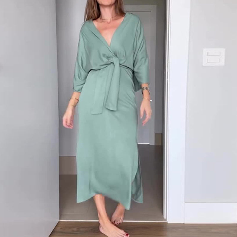 🌸50% Rabatt🔥Elegantes Damenkleid mit Taillenschnürung und seitlichem Schlitz und V-Ausschnitt