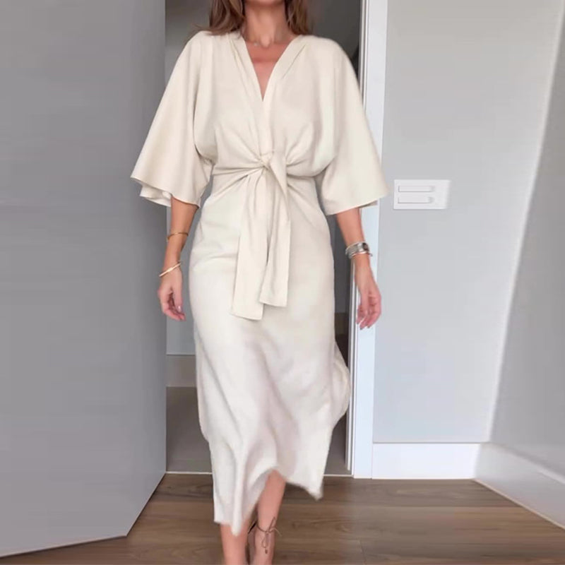 🌸50% Rabatt🔥Elegantes Damenkleid mit Taillenschnürung und seitlichem Schlitz und V-Ausschnitt