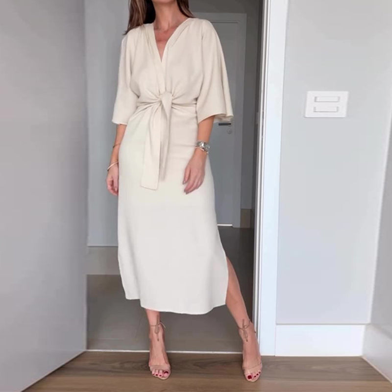🌸50% Rabatt🔥Elegantes Damenkleid mit Taillenschnürung und seitlichem Schlitz und V-Ausschnitt