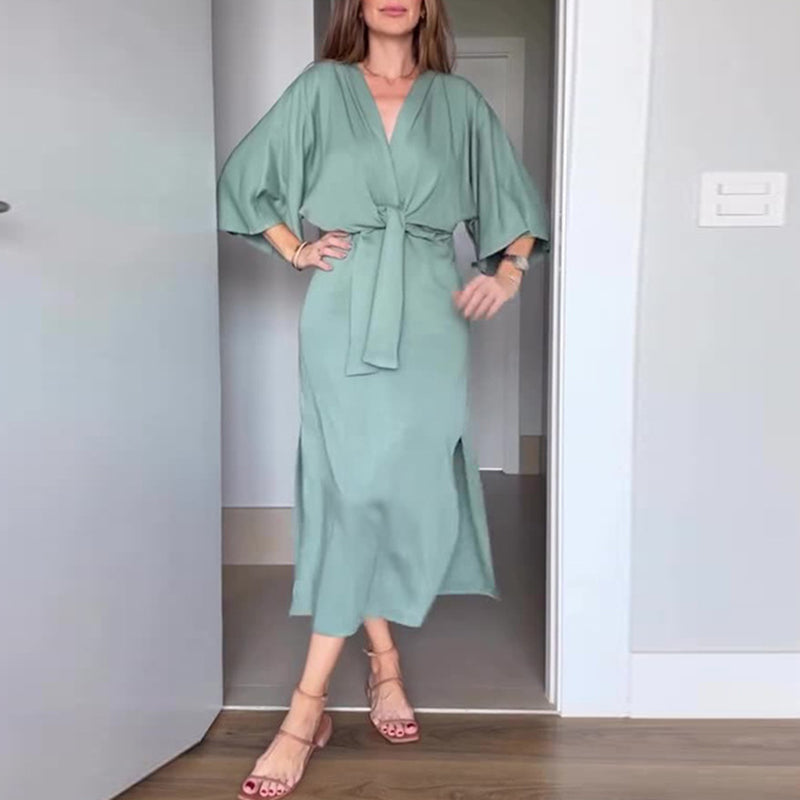 🌸50% Rabatt🔥Elegantes Damenkleid mit Taillenschnürung und seitlichem Schlitz und V-Ausschnitt