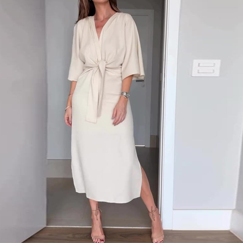 🌸50% Rabatt🔥Elegantes Damenkleid mit Taillenschnürung und seitlichem Schlitz und V-Ausschnitt