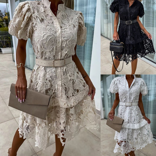 ✨Hot Sale 49% Off🌸Damen Retro Kurzarmkleid mit ausgehöhlter Spitze