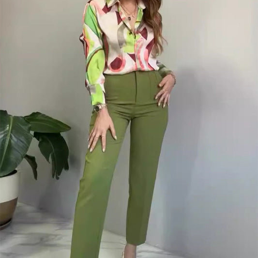 🔥🌸2-teiliges Set aus bedrucktem Hemd und Hose mit Knöpfen für Damen