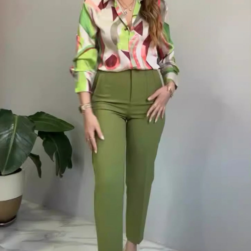 🔥🌸2-teiliges Set aus bedrucktem Hemd und Hose mit Knöpfen für Damen