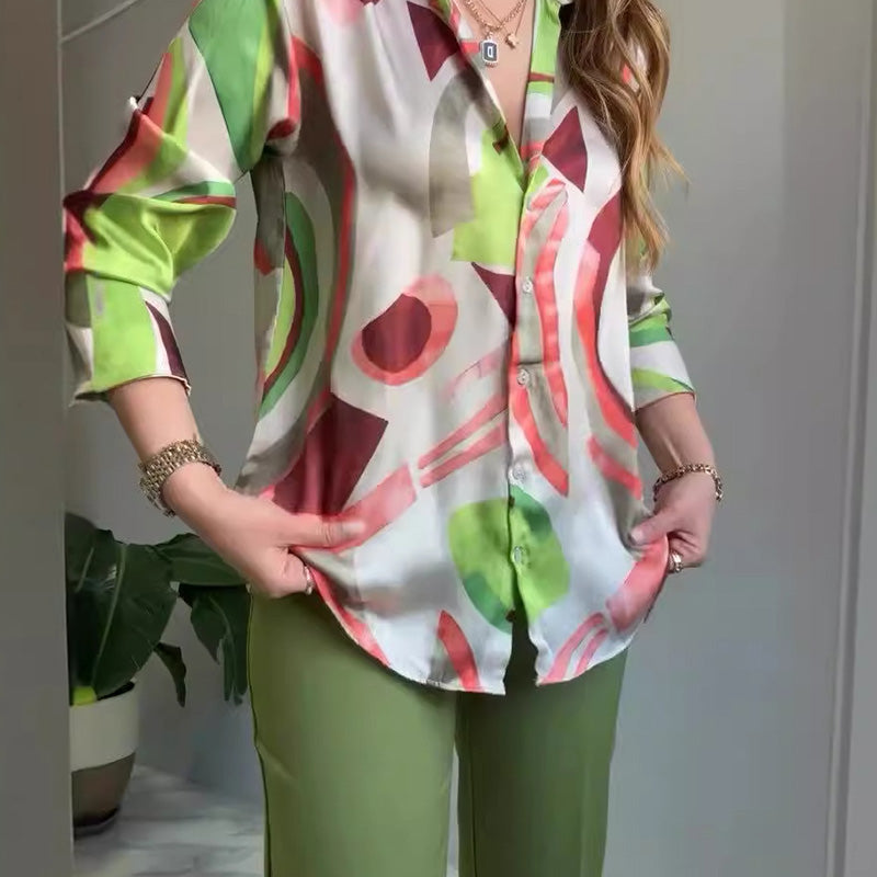 🔥🌸2-teiliges Set aus bedrucktem Hemd und Hose mit Knöpfen für Damen