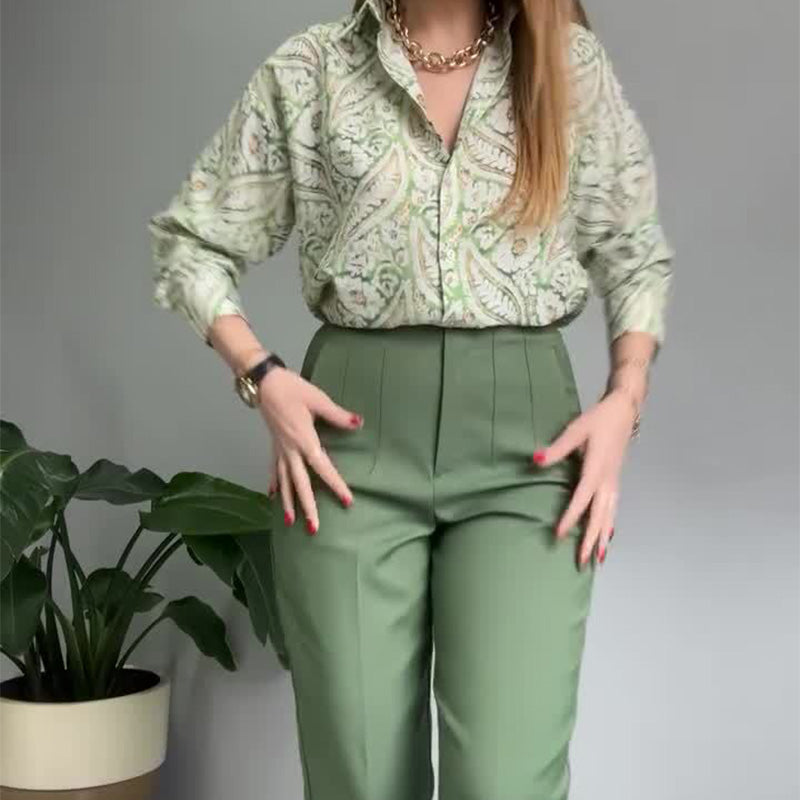 🔥🌸2-teiliges Set aus bedrucktem Hemd und Hose mit Knöpfen für Damen