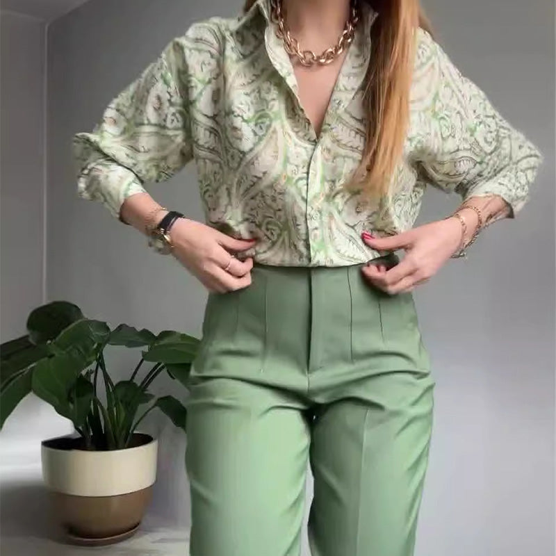 🔥🌸2-teiliges Set aus bedrucktem Hemd und Hose mit Knöpfen für Damen
