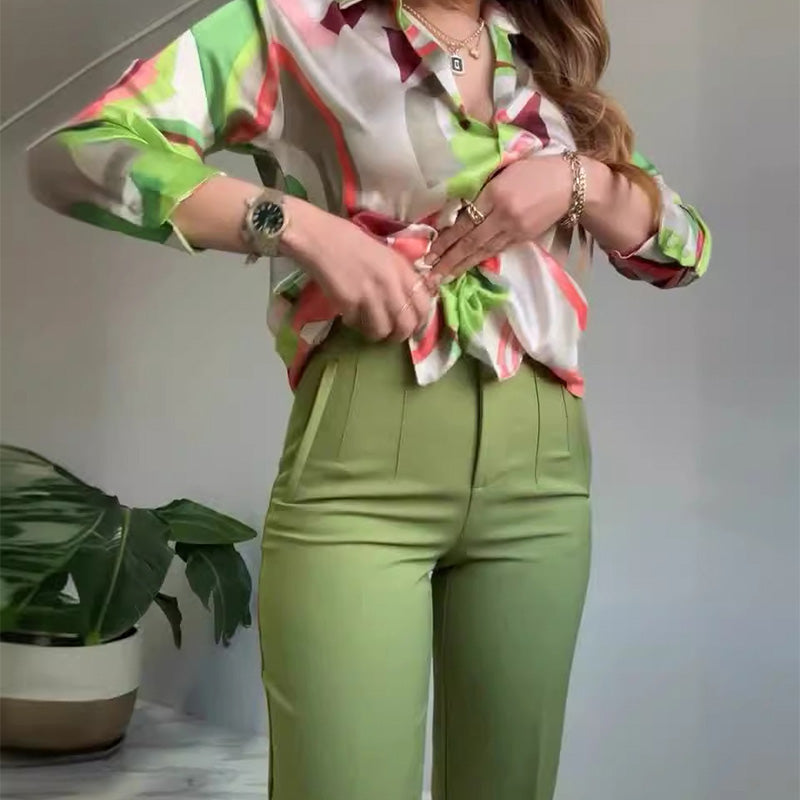 🔥🌸2-teiliges Set aus bedrucktem Hemd und Hose mit Knöpfen für Damen