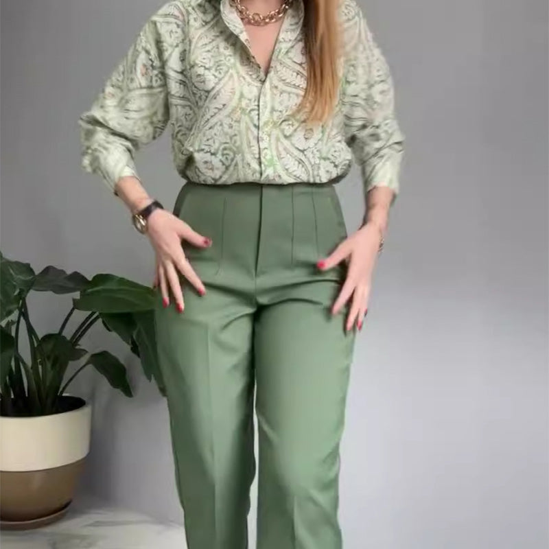 🔥🌸2-teiliges Set aus bedrucktem Hemd und Hose mit Knöpfen für Damen