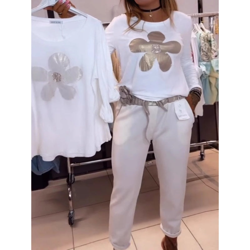 Damen-Langarmshirt mit Blumenprint und Rundhalsausschnitt