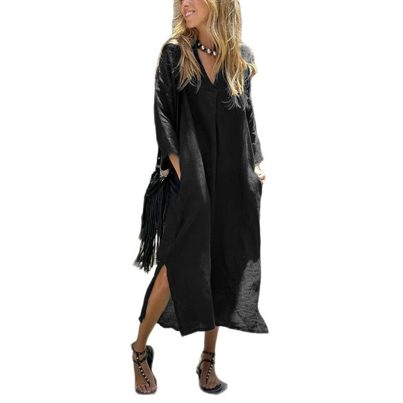 Langes Damen-Freizeitkleid mit V-Ausschnitt, Taschen und Schlitzsaum