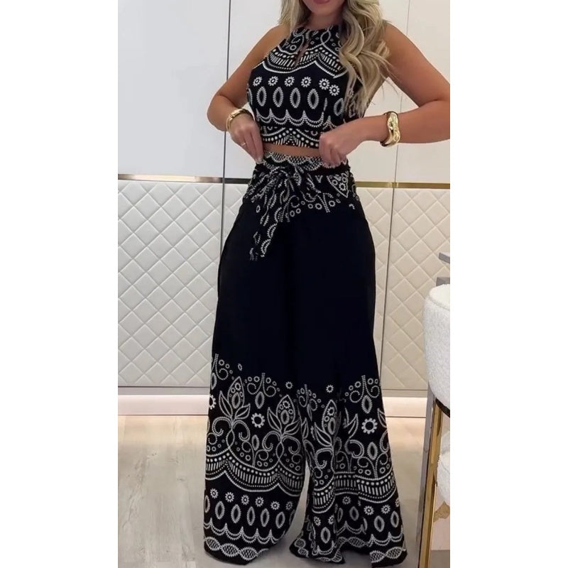 🌺2025 Neu eingetroffen - 50% OFF🌺Damen-Set mit Retro-Muster und ethnischem Neckholder-Oberteil mit ärmellosem Bein und Hose mit weitem Bein
