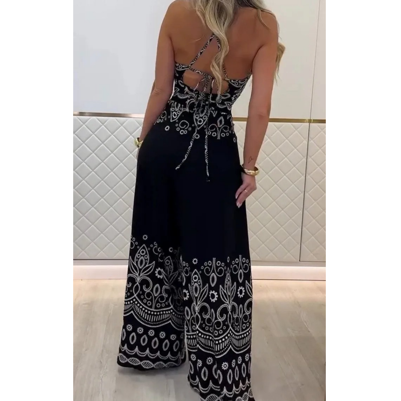 🌺2025 Neu eingetroffen - 50% OFF🌺Damen-Set mit Retro-Muster und ethnischem Neckholder-Oberteil mit ärmellosem Bein und Hose mit weitem Bein