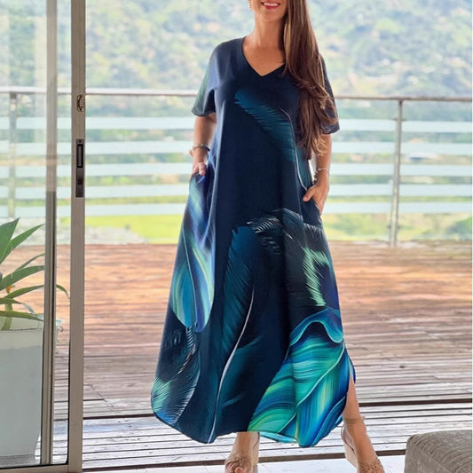Damen lockeres Freizeitkleid mit V-Ausschnitt, Druck und kurzen Ärmeln