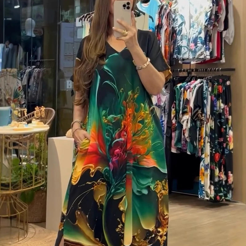 Damen lockeres Freizeitkleid mit V-Ausschnitt, Druck und kurzen Ärmeln