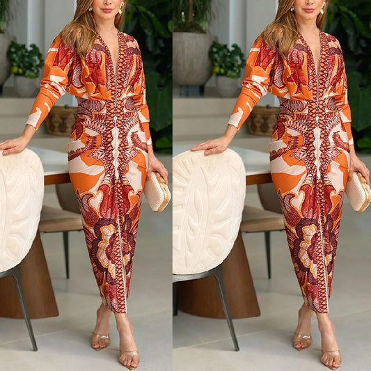 🌸💐Elegantes, figurbetontes Kleid mit V-Ausschnitt und Print für Damen💥💥Befristetes Angebot: 50% Rabatt auf Bestellungen