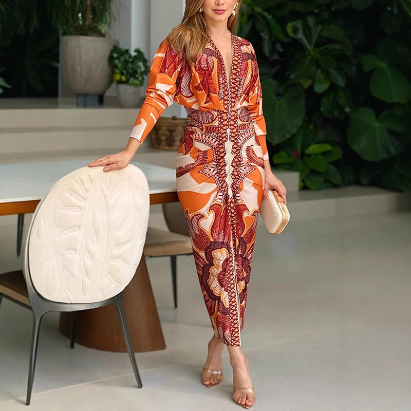 🌸💐Elegantes, figurbetontes Kleid mit V-Ausschnitt und Print für Damen💥💥Befristetes Angebot: 50% Rabatt auf Bestellungen