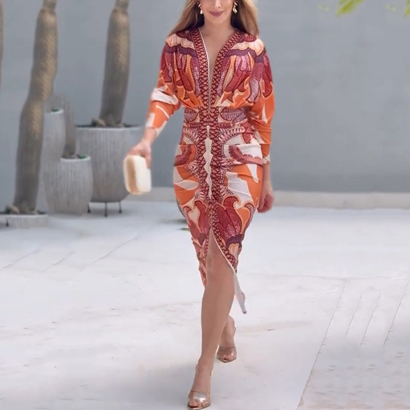 🌸💐Elegantes, figurbetontes Kleid mit V-Ausschnitt und Print für Damen💥💥Befristetes Angebot: 50% Rabatt auf Bestellungen