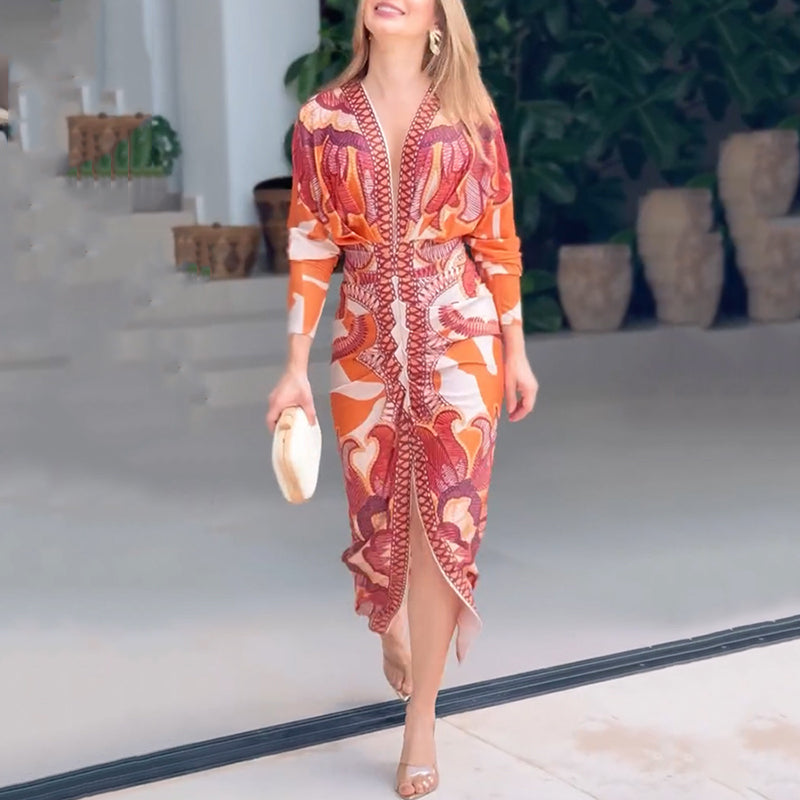 🌸💐Elegantes, figurbetontes Kleid mit V-Ausschnitt und Print für Damen💥💥Befristetes Angebot: 50% Rabatt auf Bestellungen