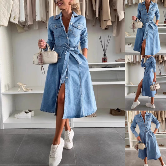 🔥  LETZTER TAG VERKAUF 49% RABATT🔥👗Damen-Jeanskleid mit Knopfleiste und langen Ärmeln