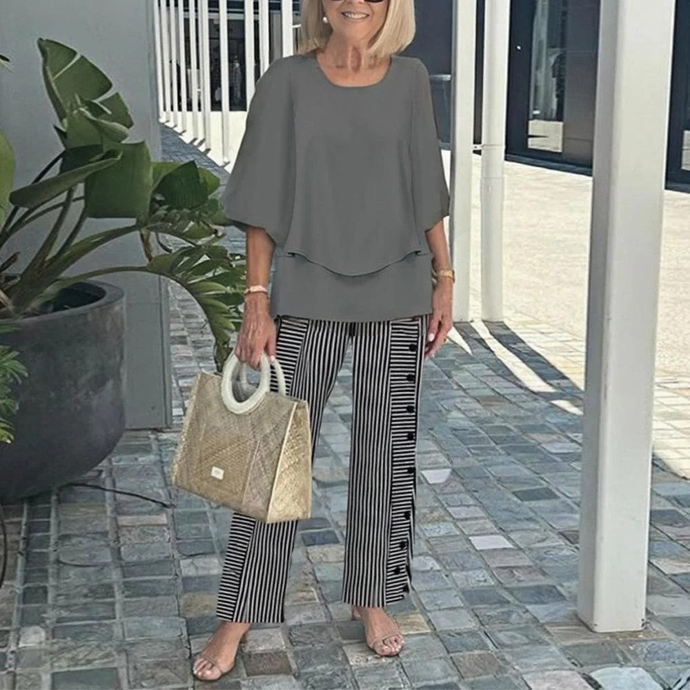 Lässiges Damen-Zweiteiler-Set mit Rundhalsausschnitt und halblangen Ärmeln, Oberteil und Hose mit Aufdruck