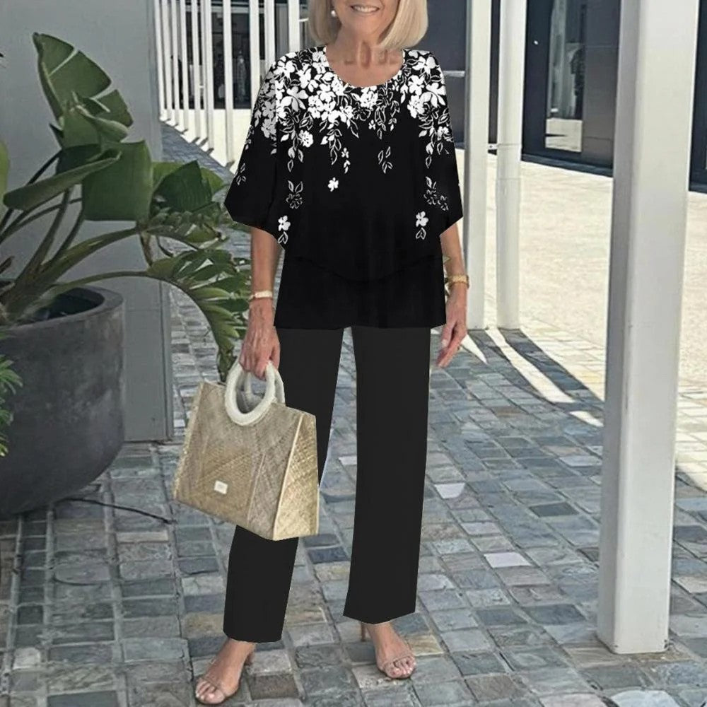 Lässiges Damen-Zweiteiler-Set mit Rundhalsausschnitt und halblangen Ärmeln, Oberteil und Hose mit Aufdruck
