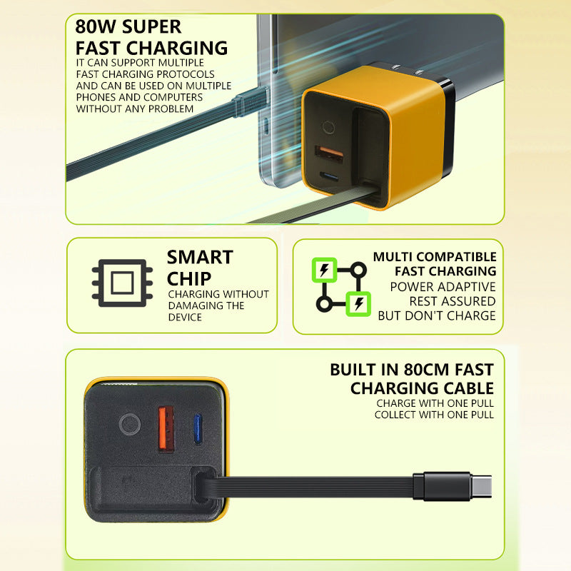 3-in-1-GaN-Ladegerät, 80 W MAX skalierbares Schnelllademodul mit Typ-C-Kabel und 2 USB-Anschlüssen