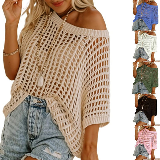 🎁2025 Neuer heißer Verkauf🌈Damen lässig Kurzarm hohl aus Pullover stricken Tops