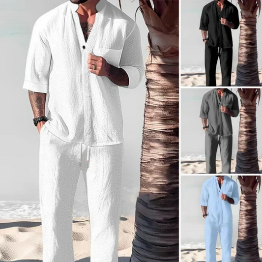 🌿💧Modischer Herren-Zweiteiler aus Baumwoll-Leinen: Oberteil & Hose
