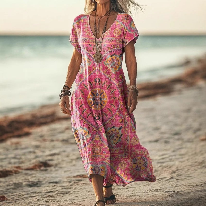 Bedrucktes, kurzärmliges, langes Kleid mit V-Ausschnitt für Damen