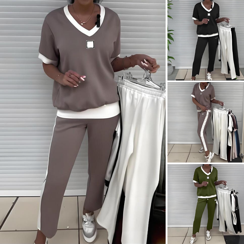 ⏳Begrenzte Zeit 50% Rabatt💥Lässiges Damen-Zweiteiler: Top mit V-Ausschnitt und Hose