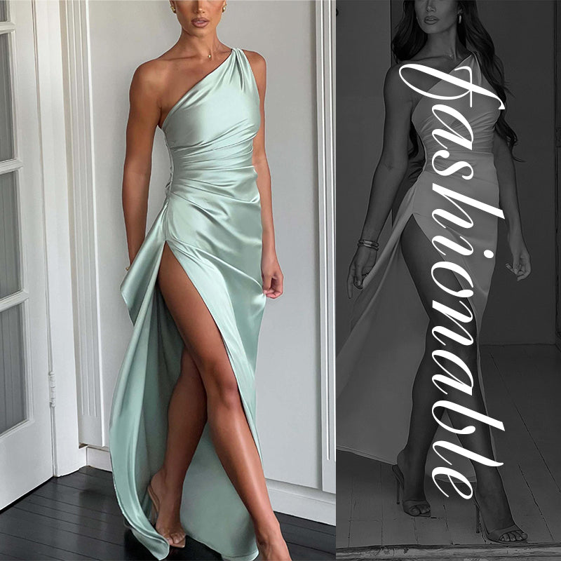 🌟50% Rabatt⏰ Satinkleid in Maxilänge mit Schlitz und Drapierung, One-Shoulder-Design