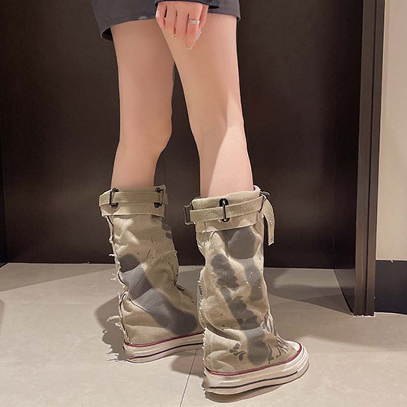 💗LETZTER TAG AKTION - 76% RABATT💗Flache Retro-Stiefel aus Canvas mit mittlerem Schaft für Damen