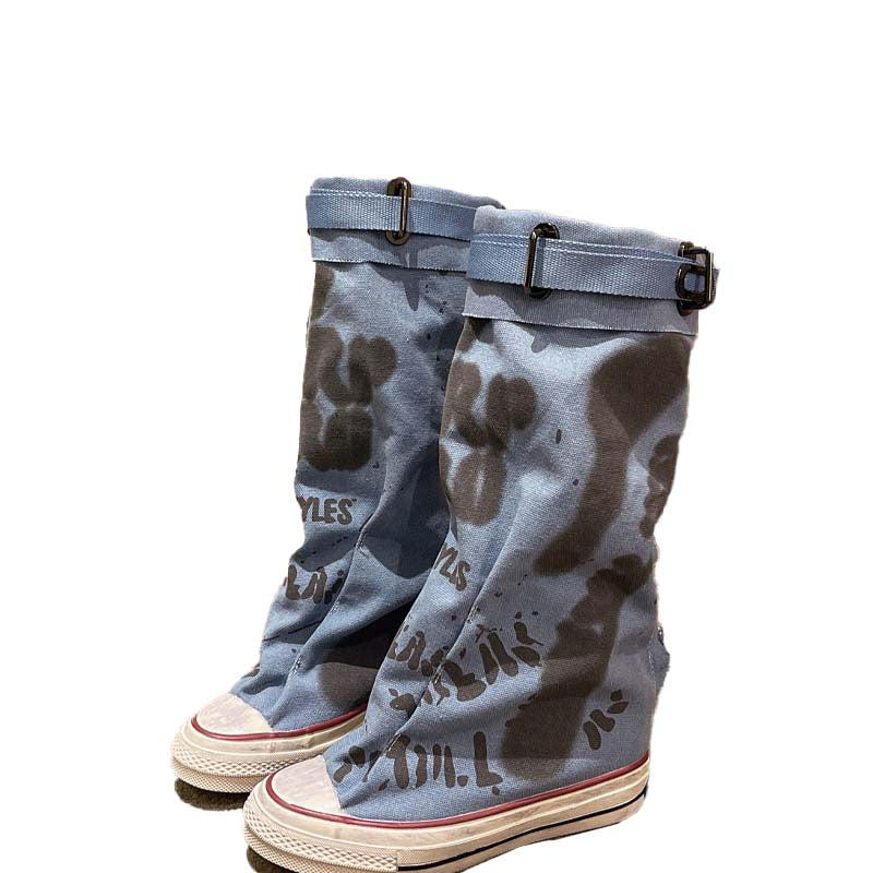 💗LETZTER TAG AKTION - 76% RABATT💗Flache Retro-Stiefel aus Canvas mit mittlerem Schaft für Damen