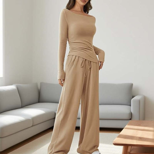 Asymmetrisches Langarmshirt & Hose mit weitem Bein – Zweiteiler
