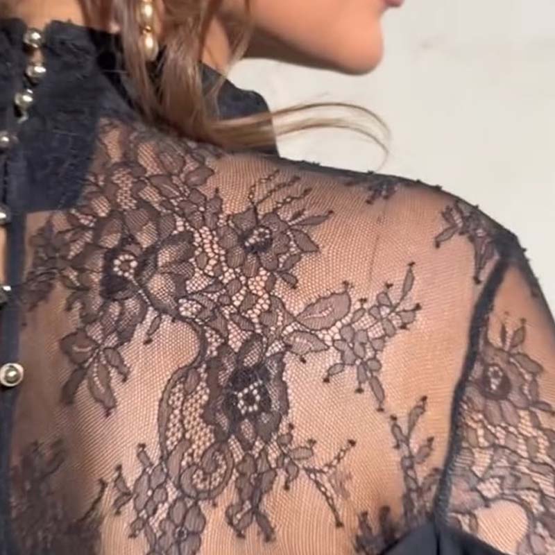 👗Damen elegantes Midikleid mit Stehkragen und Spitzen-Detail am Rücken