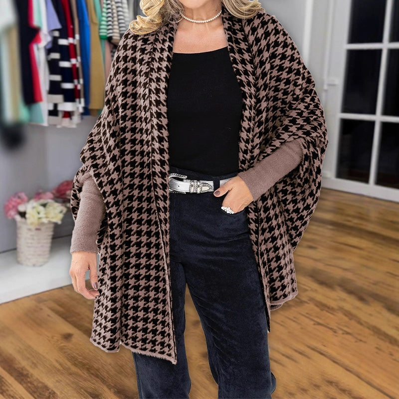 🎁Herbst 2025 Sale✨🖤Damen Poncho mit offener Vorderseite im Hahnentritt-Muster