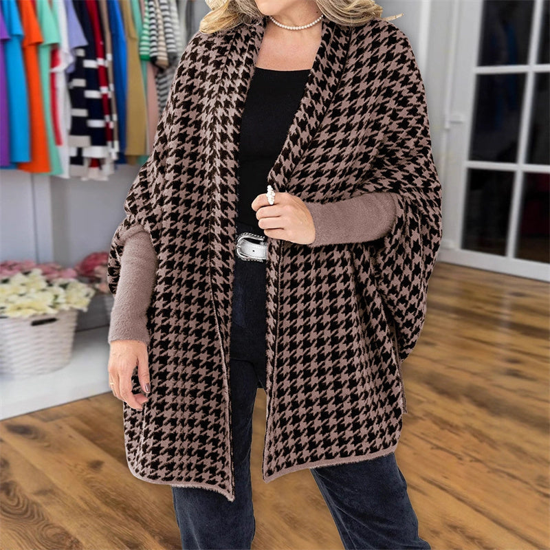 🎁Herbst 2025 Sale✨🖤Damen Poncho mit offener Vorderseite im Hahnentritt-Muster