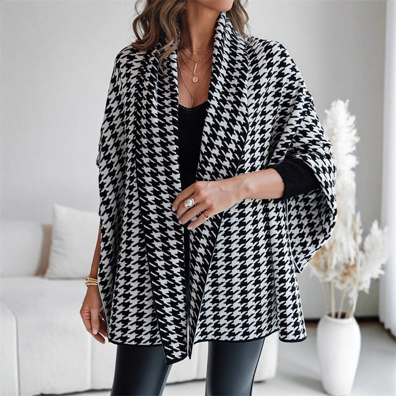 🎁Herbst 2025 Sale✨🖤Damen Poncho mit offener Vorderseite im Hahnentritt-Muster