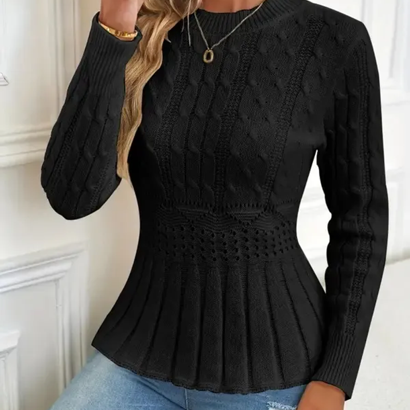 🔥Black-Friday-Mega-Angebot – 40 % Rabatt!🔥Damen Pullover mit grobem Strick, Rundhalsausschnitt und Peplum-Saum