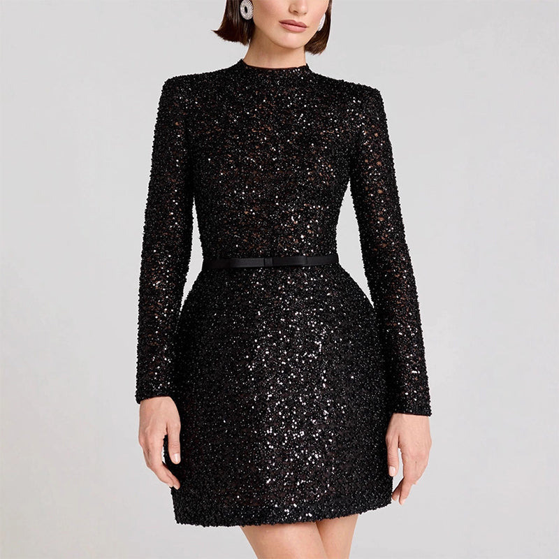 Damen Glitzerkleid mit langen Ärmeln und Gürtel