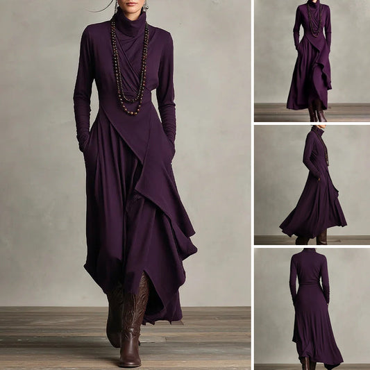 Damen elegantes Maxikleid mit hohem Kragen und asymmetrischer Drapierung