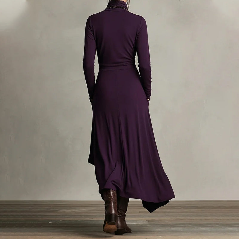 Damen elegantes Maxikleid mit hohem Kragen und asymmetrischer Drapierung