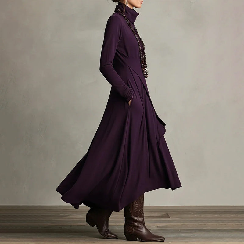 Damen elegantes Maxikleid mit hohem Kragen und asymmetrischer Drapierung
