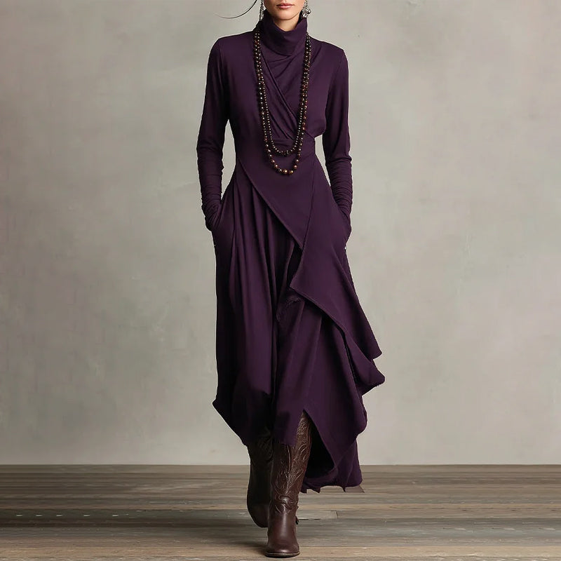Damen elegantes Maxikleid mit hohem Kragen und asymmetrischer Drapierung
