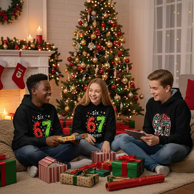 ⌛ Nur noch 3 Tage – 50 % auf alles! ⏰Kinder Weihnachts-Kapuzenpullover mit „67“ Grafik-Print